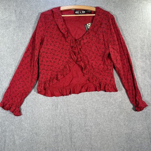 Gordon James Blouse Womens Large Red paisley All Over print crop Ruffle Cardigan - Picture 2 of 8